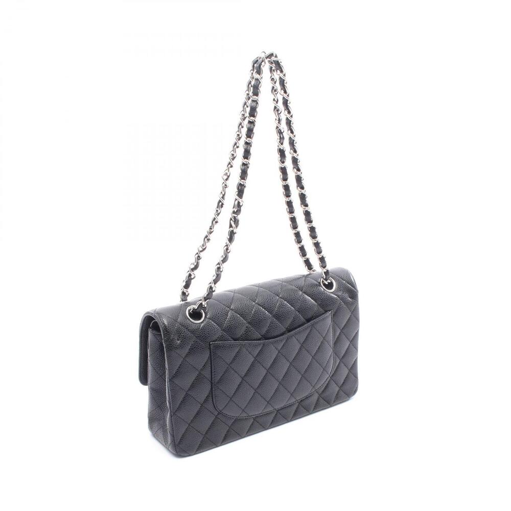 Chanel Calfskin Flap Black Leather Shoulder Double Bag Matelasse Black